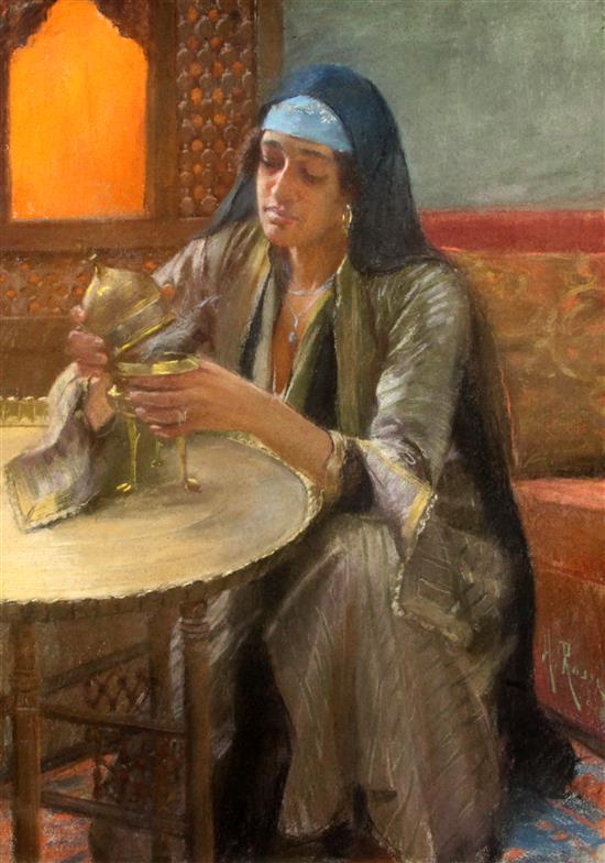 Alberto Rossi (1858-1936) Orientalist scene with Egyptian woman lighting an incense burner 39 x 27.5in. Cairo frame
